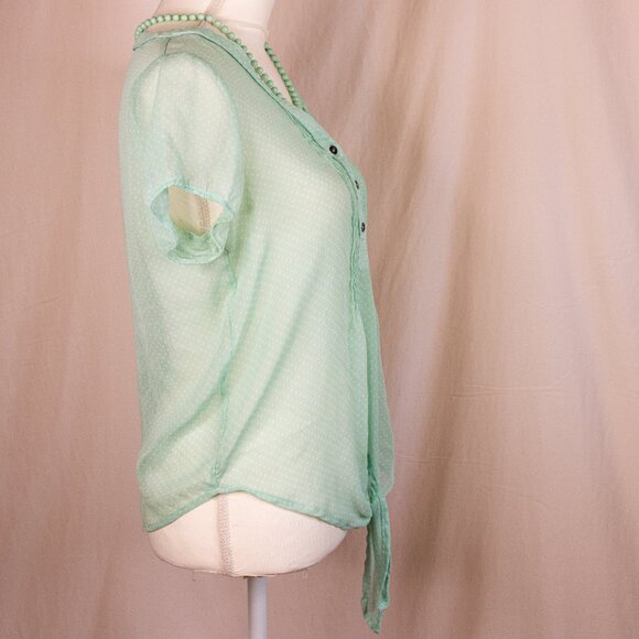 Garage 100% Polyester Semi Sheer V Neck, Pastel Green, Polka Dot Blouse, Size M - Picture 2 of 10